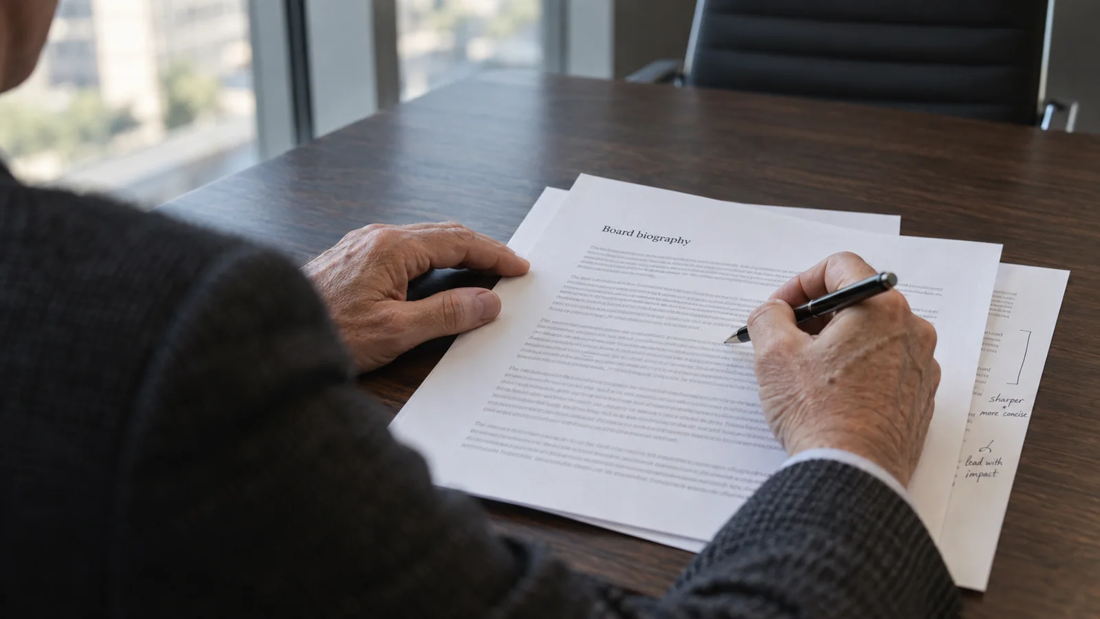 An executive revising a board biography with a pen at a meeting table.