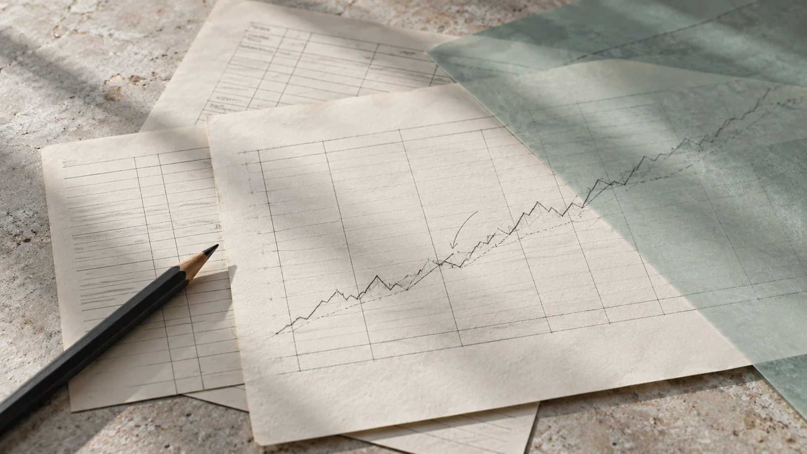 Layered ledger paper and a pencil beside a revised forecast line.