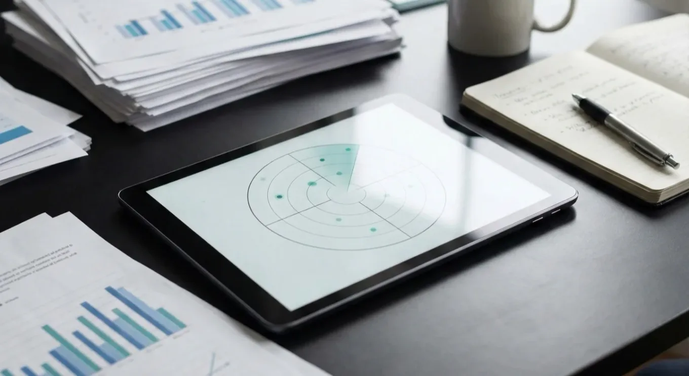 A tablet displaying a radar chart beside paper charts, a notebook and a pen