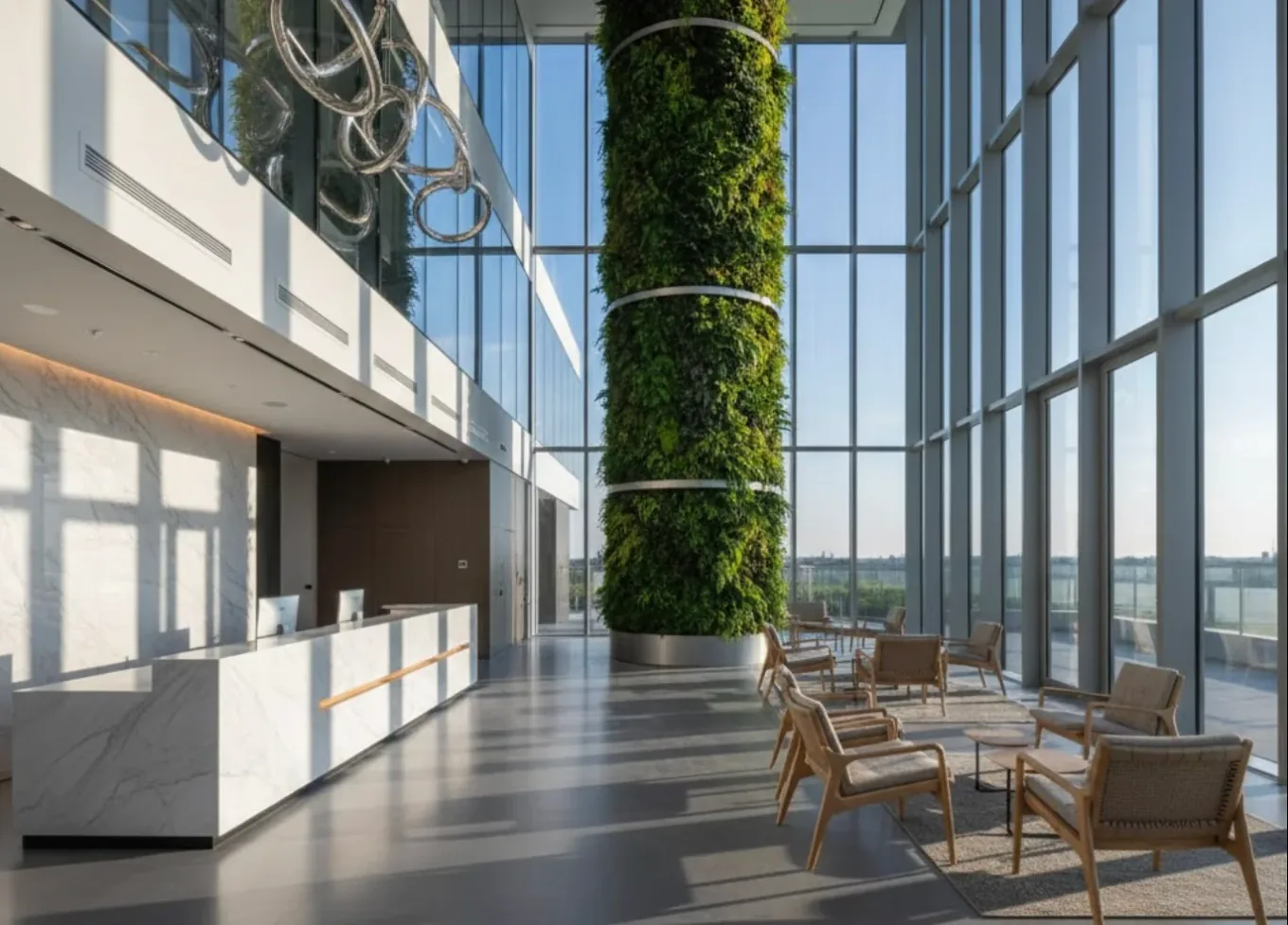 A glass-walled office lobby with seating and a planted column