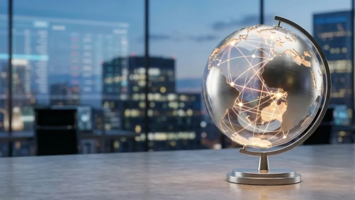 An illuminated globe beside office windows overlooking a city