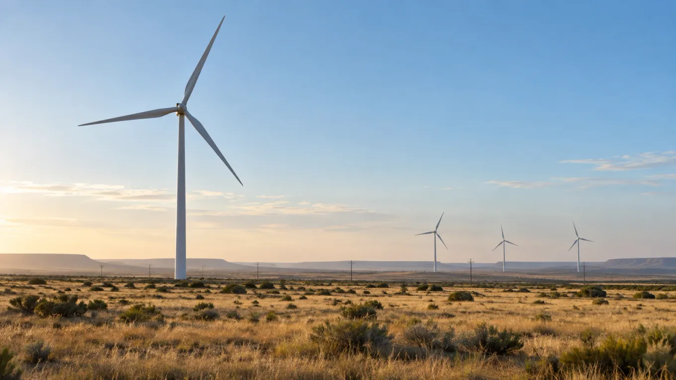 Editorial illustration of four wind turbines and a utility line across dry grassland in warm morning light.