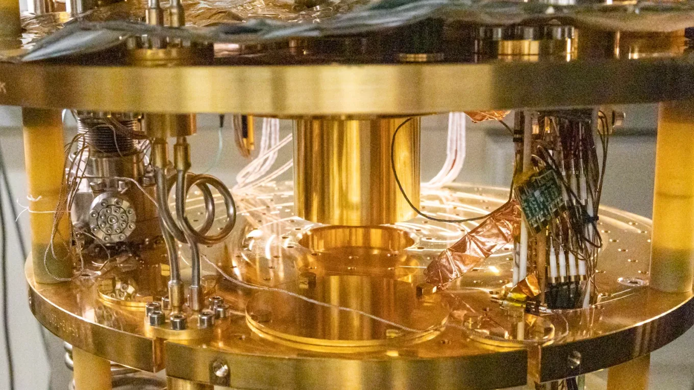 Interior components of a dilution refrigerator used for quantum technology research