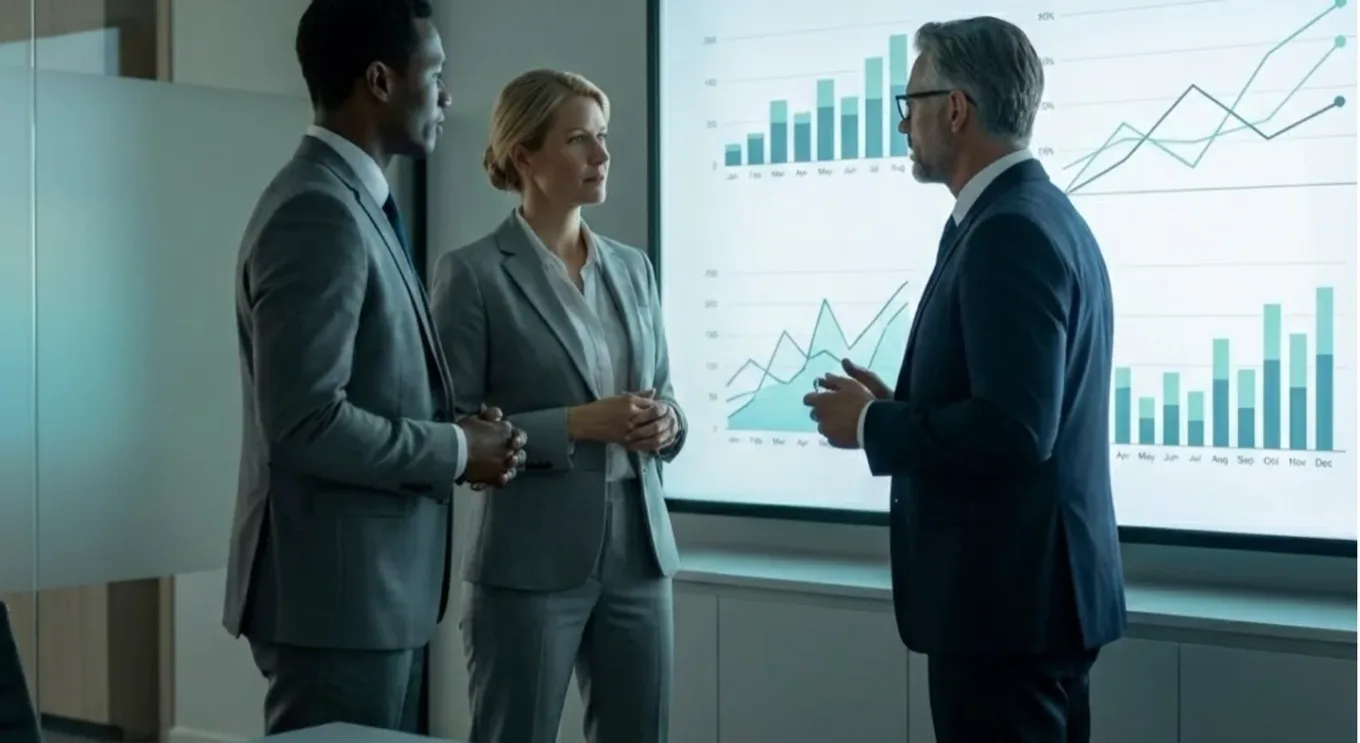 Board members in a standing meeting discussing leadership coverage
