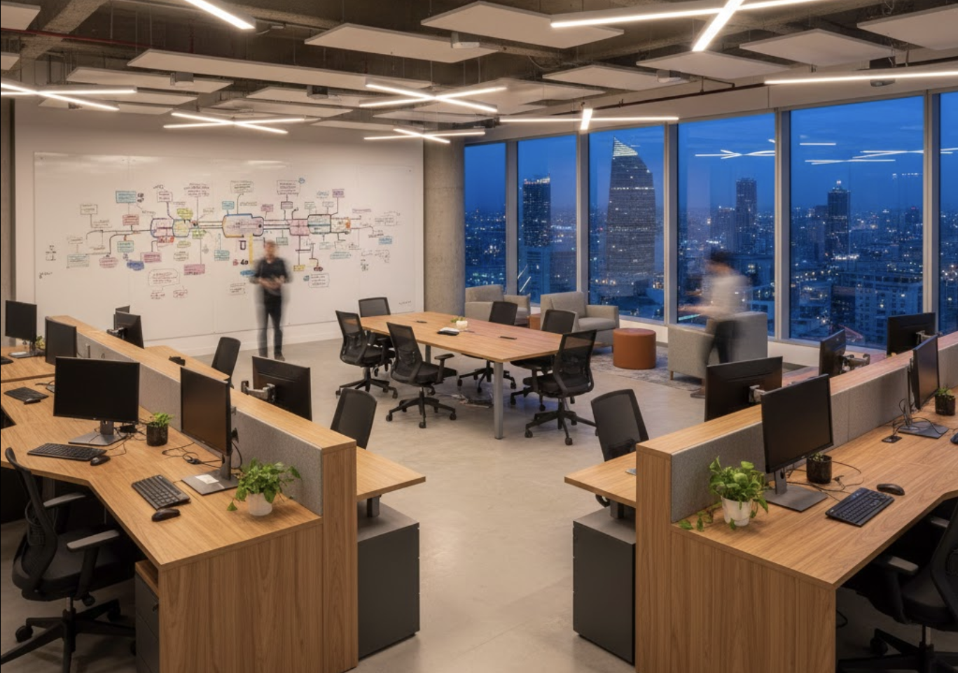 Executives reflecting on year-end performance in a modern office