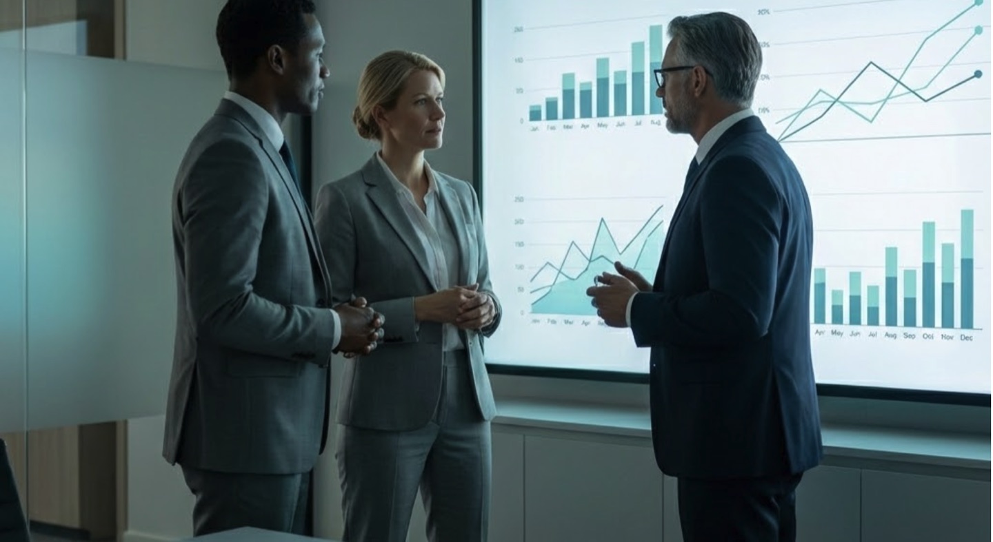 Board members in a standing meeting discussing leadership coverage